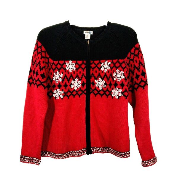 VTG Paul Narris Design Christmas Sweater Womens XL Red Black Full Zip Ugly Party - Picture 1 of 4